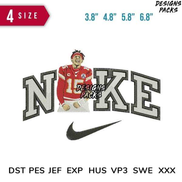 Embroidery design featuring football player in red jersey with Nike logo, available in multiple sizes and formats