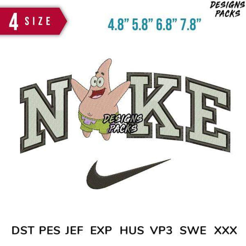 Patrick Star embroidery design with 'NIKE' lettering, 4 sizes, PES DST formats, instant download