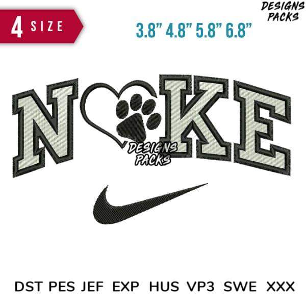 Embroidery design with 'NOKE' text, paw print heart, and swoosh logo in 4 sizes, DST PES JEF formats