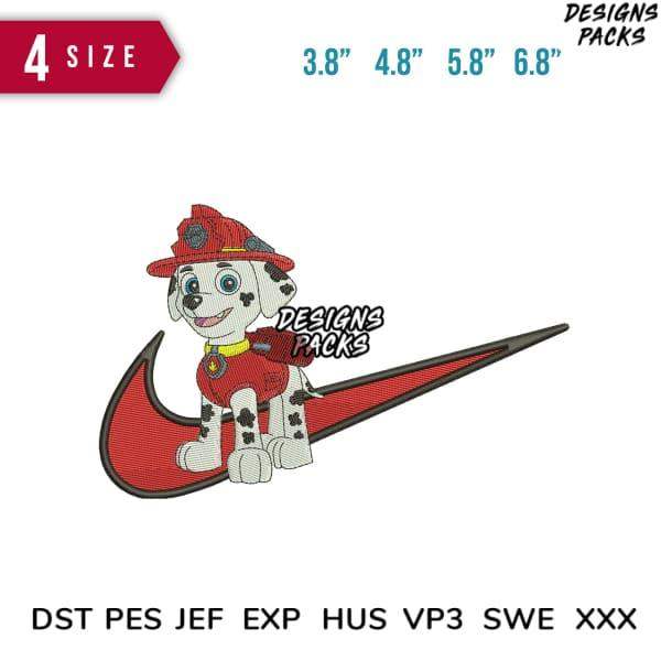 Paw Patrol Marshall dog embroidery design in red Nike swoosh, available in multiple sizes and formats