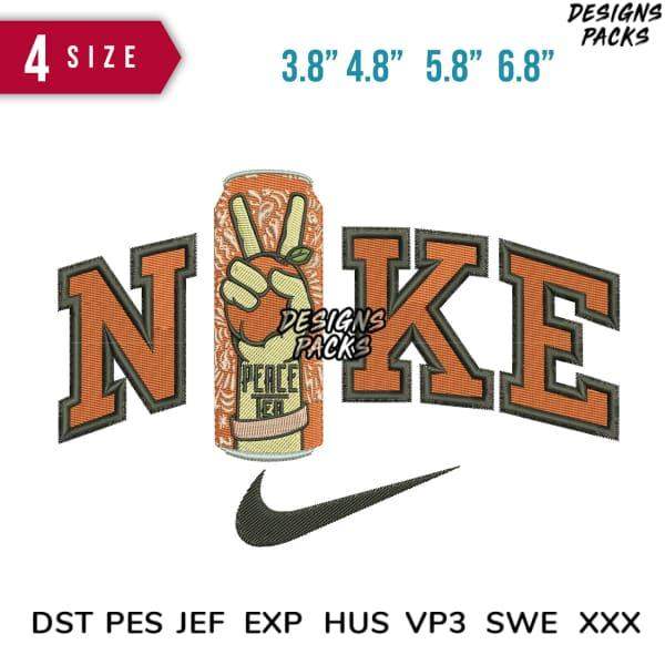 Embroidery design featuring peace sign soda can with 'NOKE' text, 4 sizes, DST PES JEF formats
