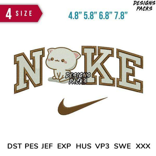 Cute cat embroidery design with 'NOKE' text and Nike swoosh, available in 4 sizes and multiple formats