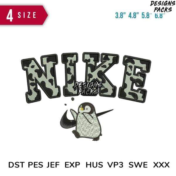 Embroidery design of 'NIKE' in camo with dabbing penguin, available in PES, DST, JEF formats for instant download.