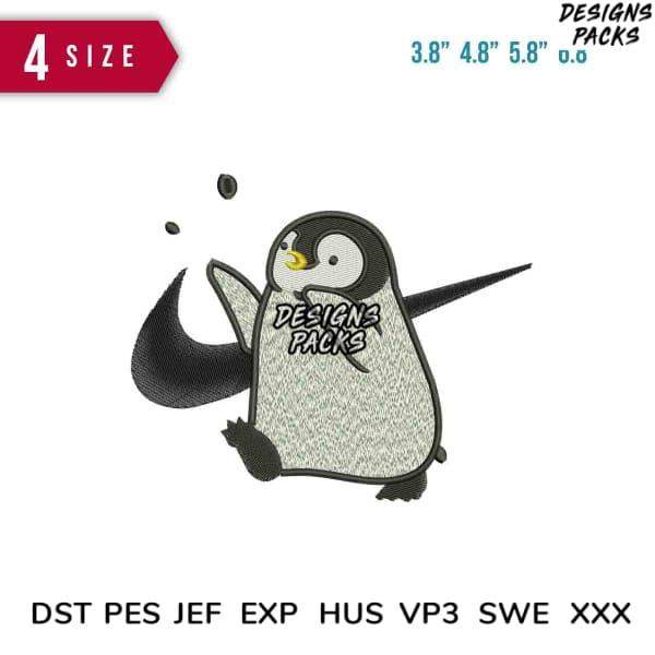 Embroidery design of a dabbing penguin with 'Designs Packs' text, available in multiple sizes and formats.