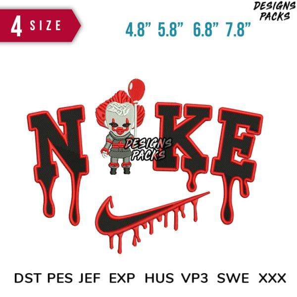 Embroidery design featuring dripping 'NIKE' text with clown character, available in multiple sizes and formats.