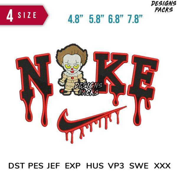 Embroidery design with dripping 'NAKE' text, clown character, and Nike swoosh in red and black