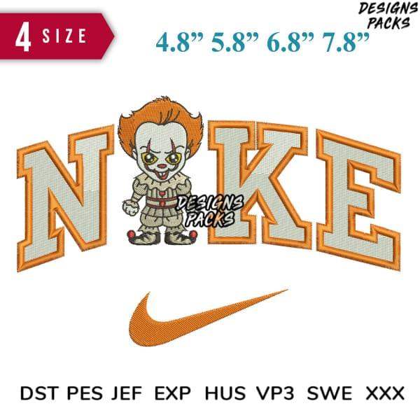 Embroidery design featuring Pennywise clown with Nike-style text and swoosh, available in multiple sizes and formats.