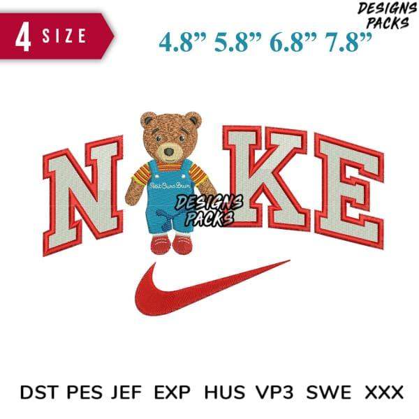 Cute teddy bear in overalls with 'NIKE' lettering and swoosh, embroidery design in 4 sizes, PES DST formats