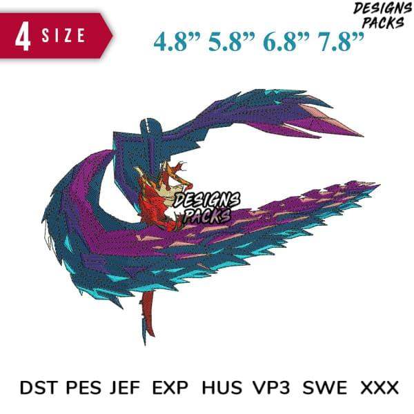 Dragon embroidery design in 4 sizes, compatible with DST PES JEF formats for machine embroidery projects.