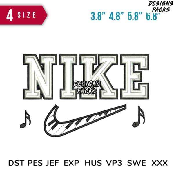 Nike logo with piano keys and music notes, available in multiple embroidery formats