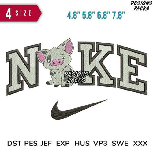 Cute pig embroidery design with 'NOKE' text and Nike swoosh, available in 4 sizes & multiple formats