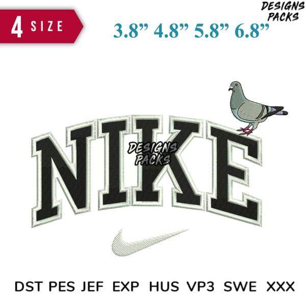 Embroidery design of Nike logo with pigeon, available in 4 sizes and multiple file formats for instant download.
