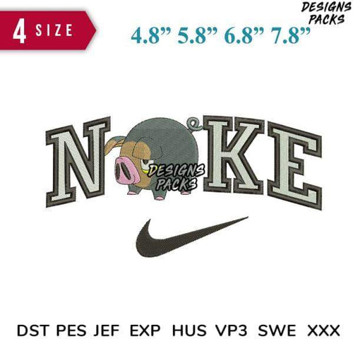 Embroidery design with pig in 'NOKE' text, Nike swoosh, 4 sizes, DST PES JEF formats for instant download