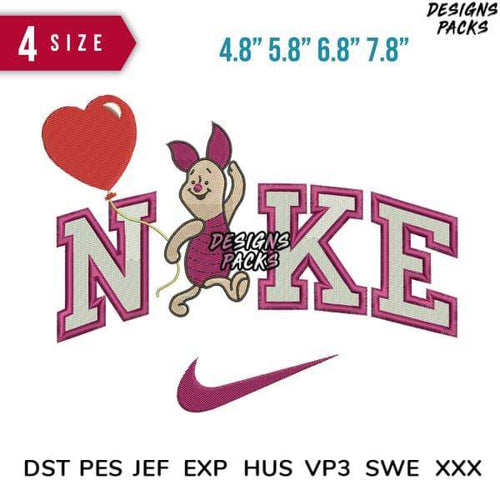 Embroidery design featuring Piglet with heart balloon and Nike-style text, available in multiple sizes and formats