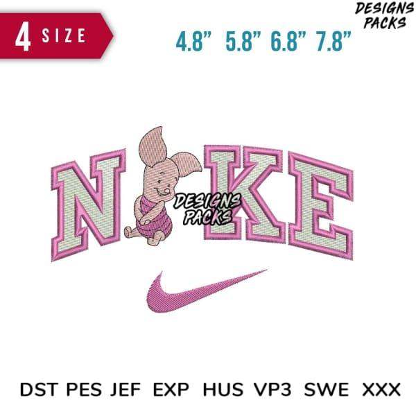 Piglet in pink Nike-style embroidery design with 4 sizes, compatible with DST PES JEF formats for instant download