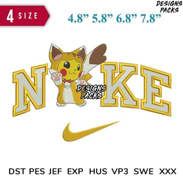 Pikachu with Nike logo embroidery design, available in 4 sizes, compatible with DST PES JEF formats