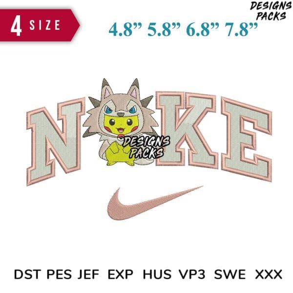 Embroidery design featuring Pikachu with 'NOKE' text and Nike swoosh, available in multiple sizes and formats