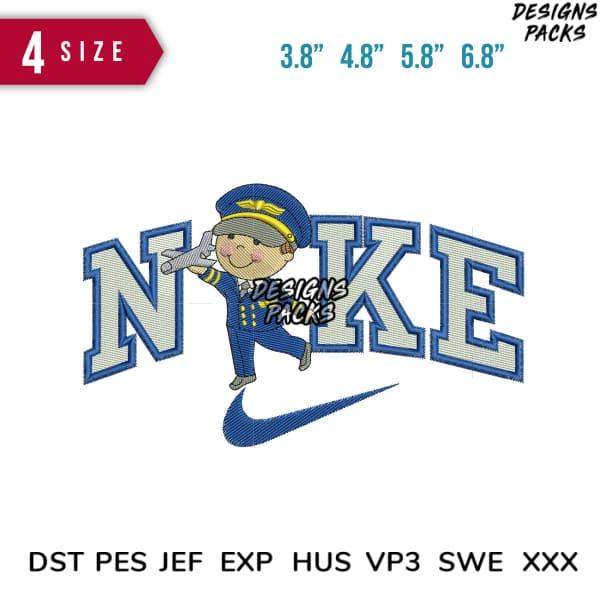 Embroidery design of cartoon pilot with 'NIKE' text, 4 sizes, DST PES JEF formats
