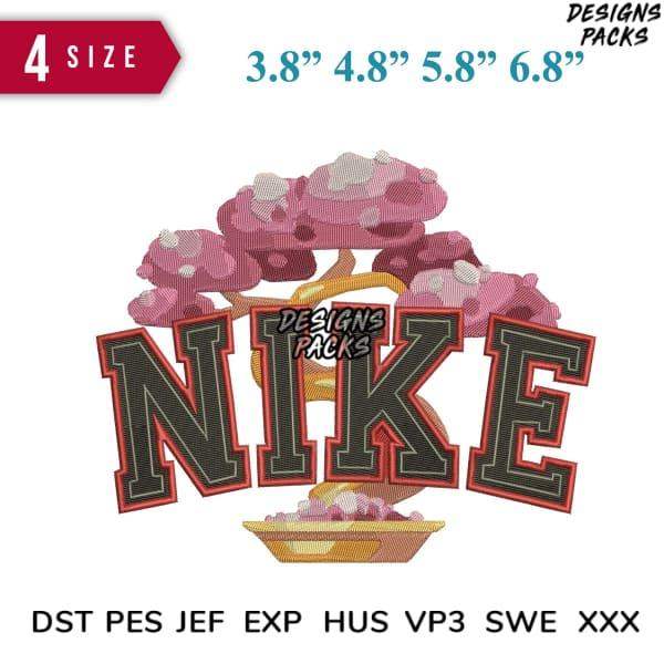 Embroidery design with bold Nike text and pink floral accents, available in multiple sizes and formats.