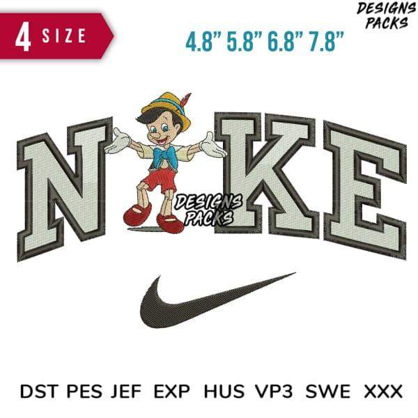Pinocchio embroidery design with Nike-style lettering, 4 sizes, DST PES JEF formats