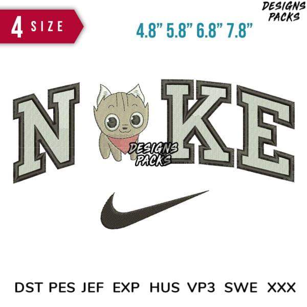 Embroidery design with cat and Nike-style logo, available in multiple sizes and formats