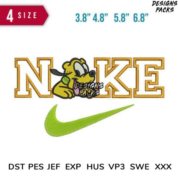 Embroidery design featuring Pluto dog with 'NAKE' text and green swoosh, available in 4 sizes & multiple formats