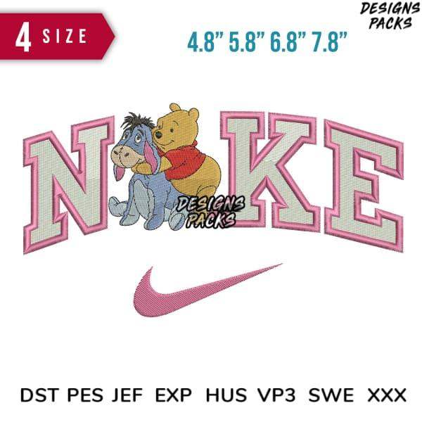 Winnie the Pooh and Eeyore hugging inside pink Nike logo, embroidery design with 4 sizes, DST PES formats