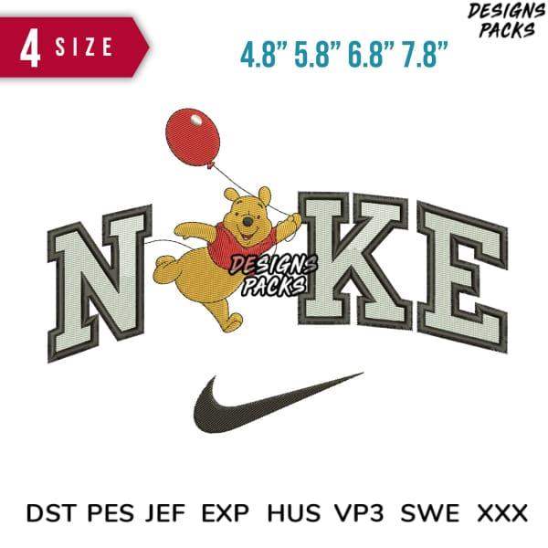 Winnie the Pooh holding red balloon with 'NIKE' text, embroidery design in multiple sizes and formats