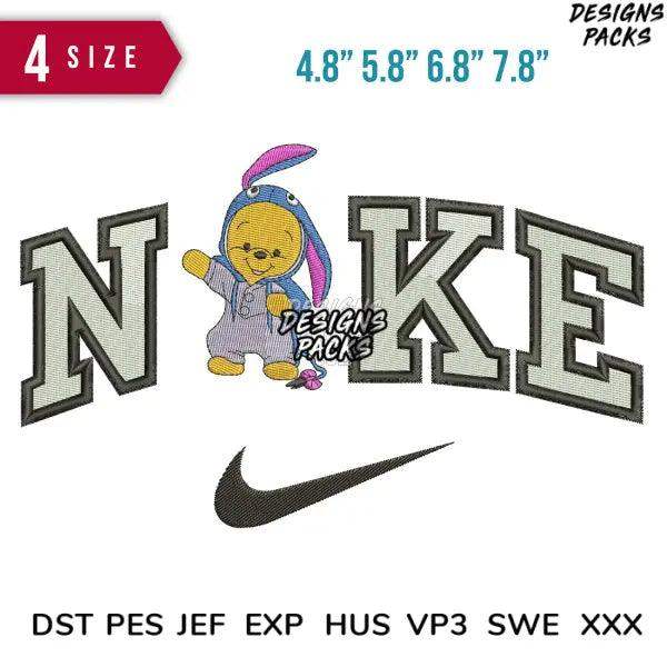 Embroidery design featuring cartoon bunny with 'NOKE' text and swoosh, available in 4 sizes and multiple formats