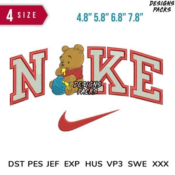 Embroidery design featuring Winnie the Pooh with 'NIKE' text and swoosh, available in multiple sizes and formats