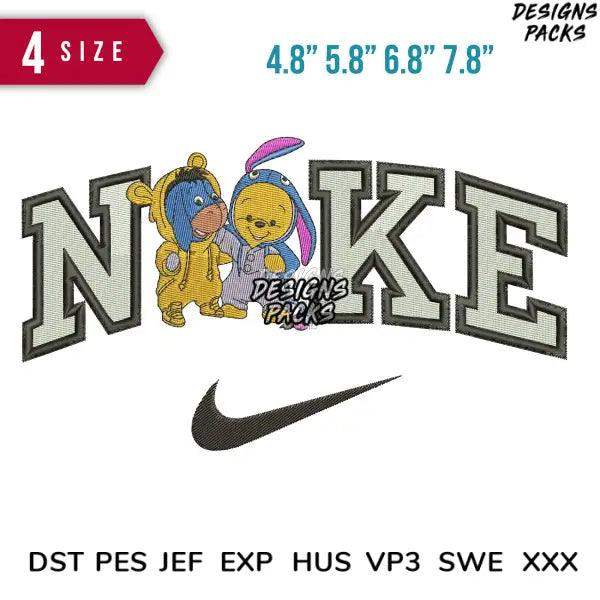 Embroidery design with cartoon characters and 'NIKE' text in 4 sizes, compatible with DST PES JEF formats