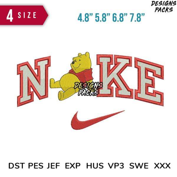 Winnie the Pooh in Nike-style lettering embroidery design, 4 sizes, DST PES JEF formats