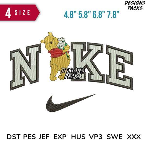 Winnie the Pooh holding flowers in Nike-style embroidery design, available in 4 sizes & multiple file formats