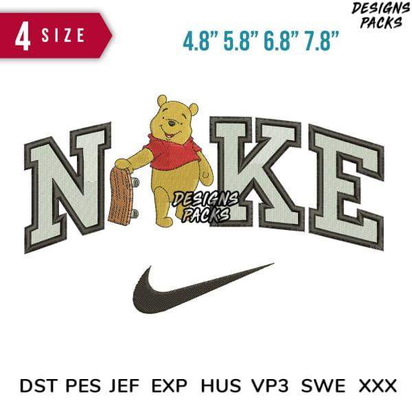 Winnie the Pooh holding skateboard with Nike-style lettering, embroidery design in 4 sizes, DST PES formats