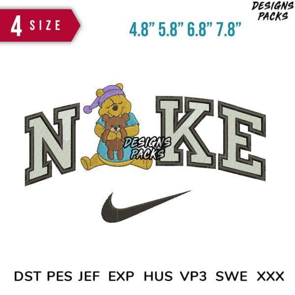 Embroidery design featuring Winnie the Pooh with 'NAKE' text and Nike swoosh, available in multiple sizes and formats.