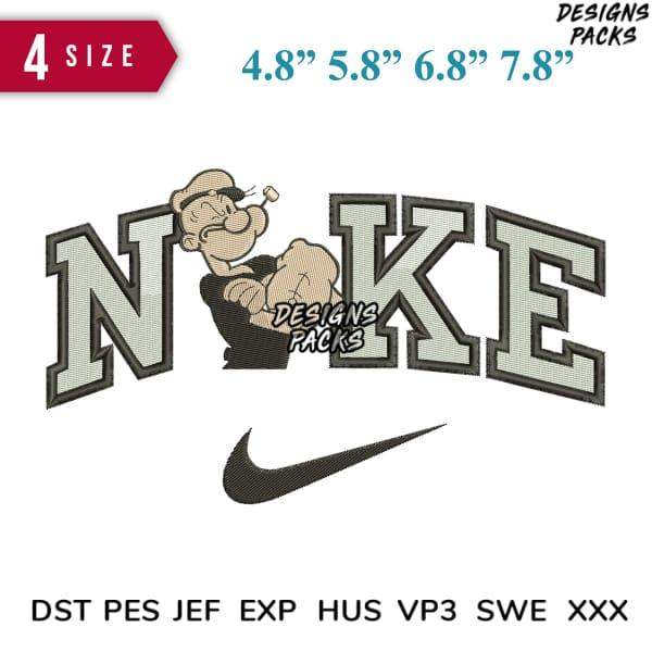 Popeye-themed embroidery design with 'NIKE' text and swoosh, available in multiple sizes and formats