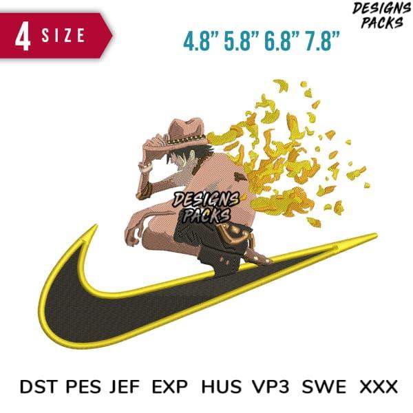 Anime cowboy riding Nike swoosh, gold splash effect, embroidery design in DST PES formats, 4 sizes