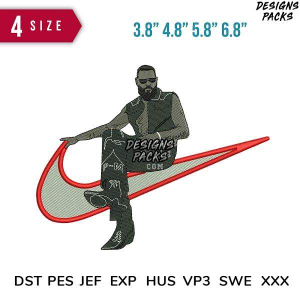 Embroidery design of man sitting on red swoosh, available in PES, DST, JEF formats, 4 sizes for instant download