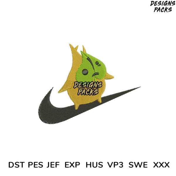 Embroidery design featuring a green dinosaur on a swoosh, available in PES, DST, EXP formats for instant download.