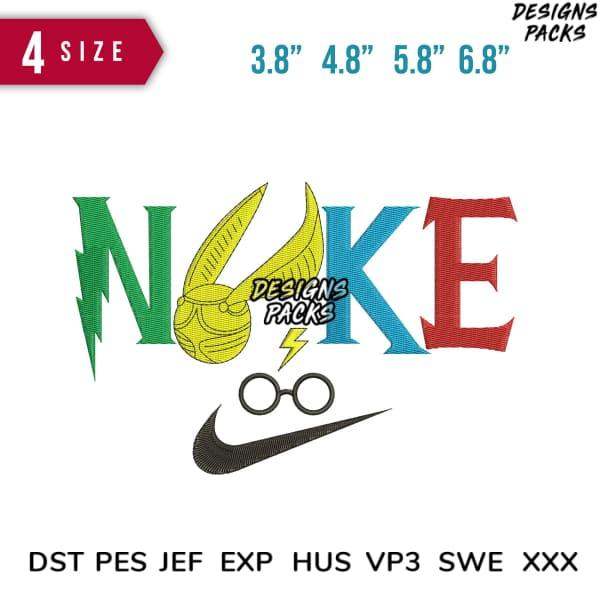 NOKE embroidery design with Harry Potter Golden Snitch, glasses, and Nike swoosh in 4 sizes, DST PES formats
