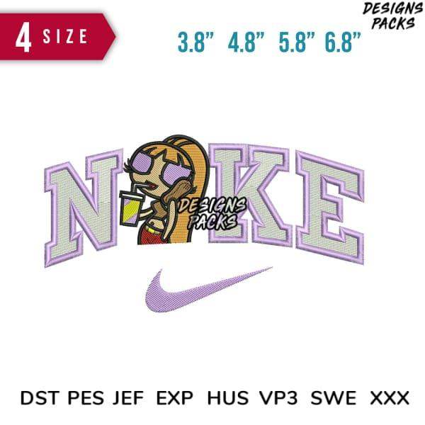 Embroidery design with 'NOKE' text, cartoon girl, and swoosh in 4 sizes. PES, DST, JEF formats.
