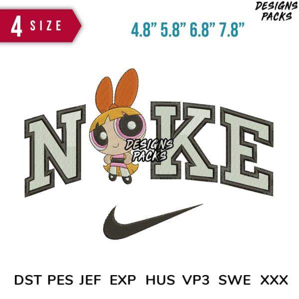 Powerpuff Girl embroidery design with 'NOKE' text and Nike swoosh, available in 4 sizes and multiple file formats