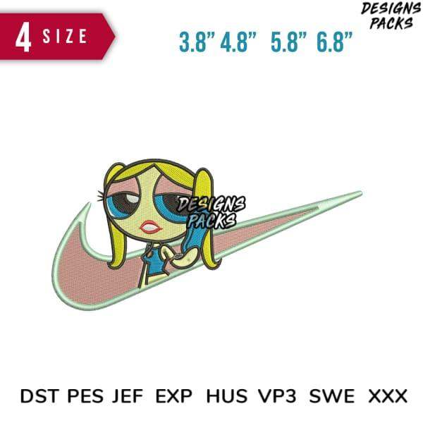 Powerpuff Girl in Nike swoosh embroidery design, 4 sizes, DST PES JEF formats, print-ready