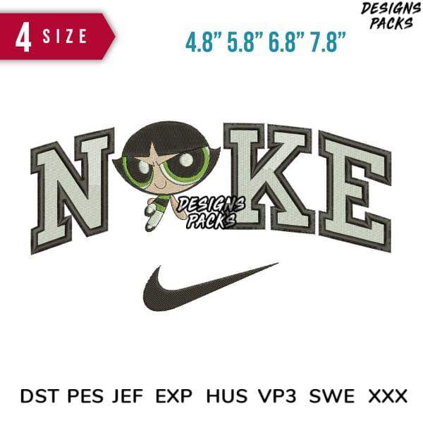 Embroidery design featuring Powerpuff Girl with 'NOKE' text and Nike swoosh, available in 4 sizes and multiple file formats.