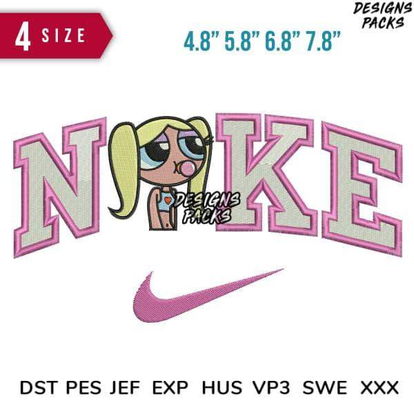 Embroidery design featuring cartoon girl with 'NOKE' text and swoosh, available in multiple sizes and formats