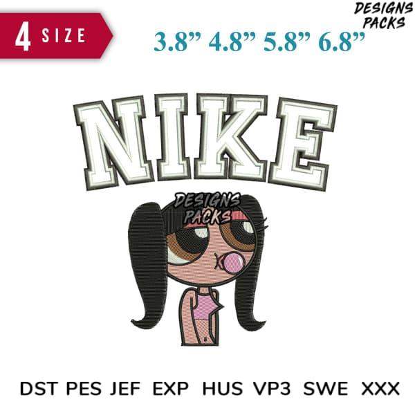 Cute girl cartoon embroidery design with 'NIKE' text, 4 sizes, DST PES formats for instant download