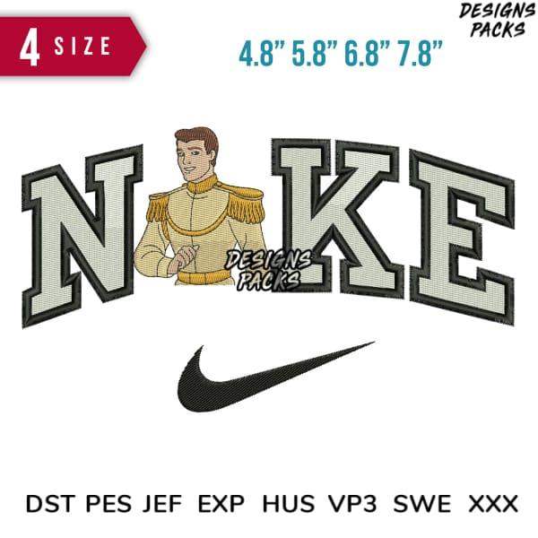 Embroidery design featuring Prince Charming in Nike-style lettering, available in multiple sizes and formats