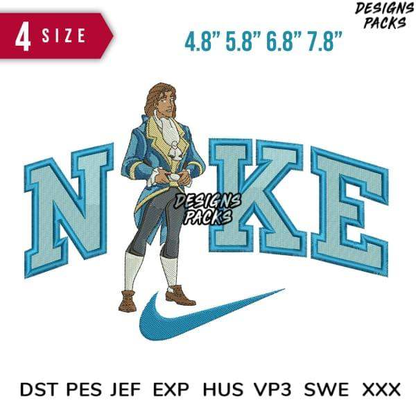 Embroidery design featuring a historical figure with 'NIKE' text and swoosh, available in multiple sizes and formats.