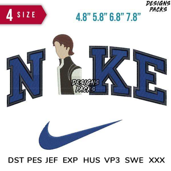 Embroidery design featuring Nike logo and swoosh in blue, available in multiple sizes and formats like PES, DST, EXP