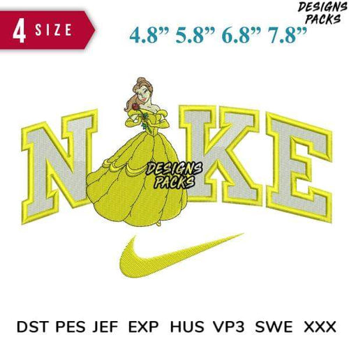 Belle Disney princess embroidery design with Nike swoosh, 4 sizes, DST PES JEF formats
